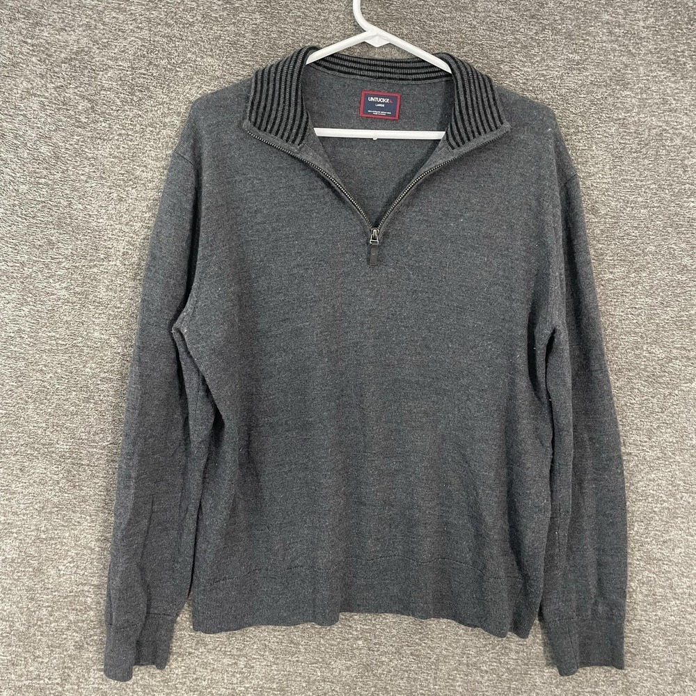 UNTUCKit Sweater Mens Large Gray Merino Wool 1/4 Zip‎ Mock Neck Knit Pullover